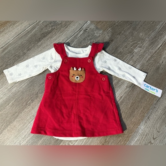 Carter's Other - NWT Carters 2 Piece Set Christmas Reindeer Outfit Red Dress Jumper Size 3-6 Mos